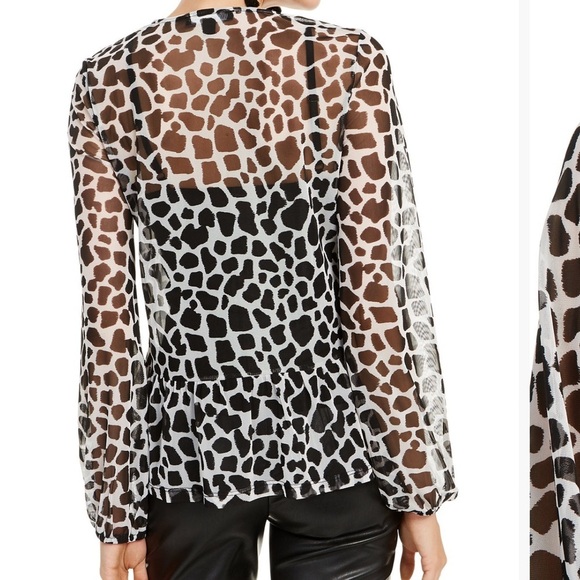 INC Animal Print Lace Up blouse semi sheer ruffle hem long sleeves Sz XS top - Picture 2 of 11